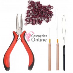 Set pentru extensii de par cu cleste SMR04F, 100 microring si accesorii, Burgundy (Visiniu) 52499 